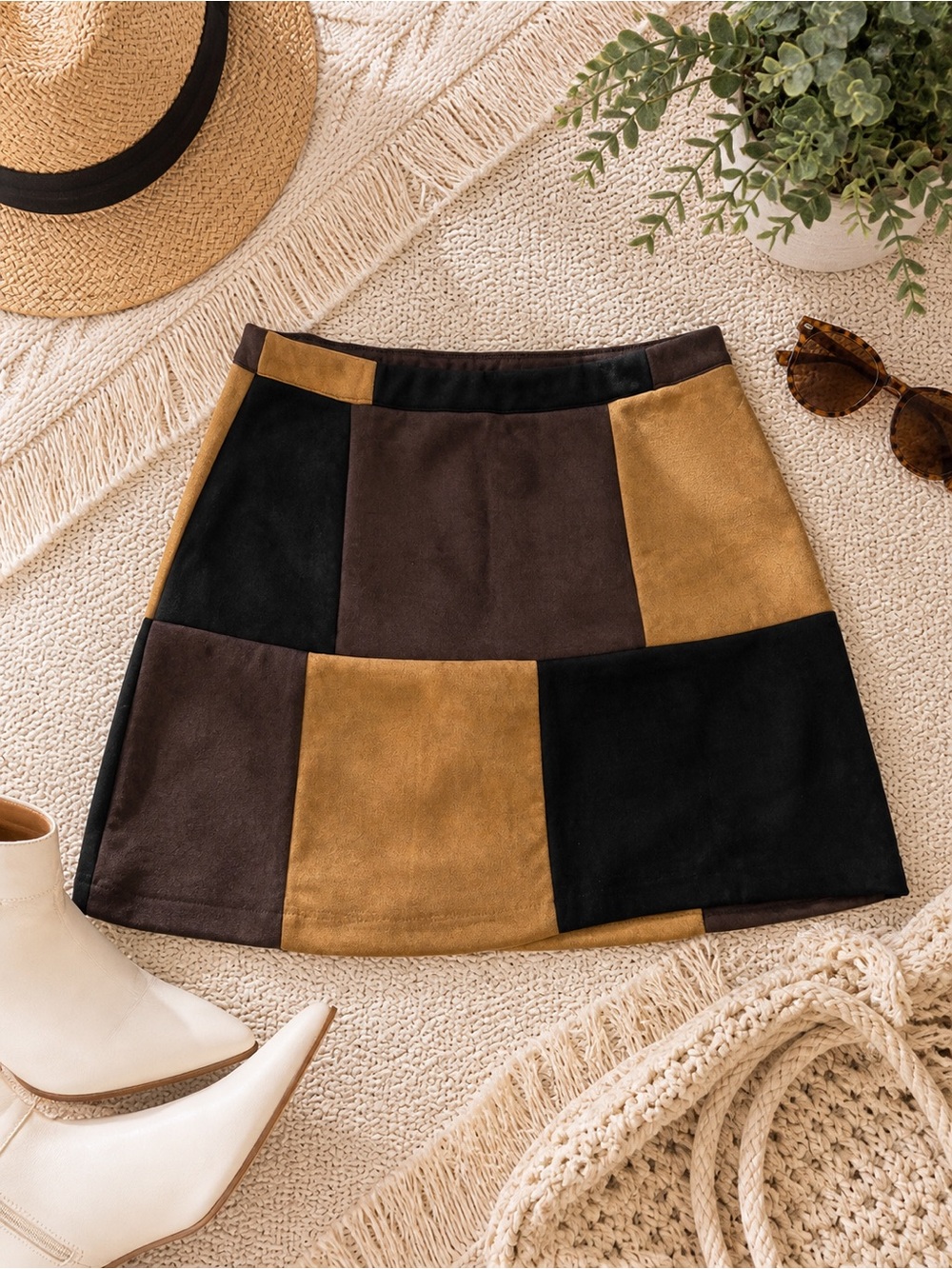 Sarina Lauren Patchwork Skirt Size L NWT Faux Suede Fall Boho Chic